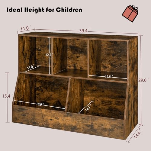 DINZI LVJ Toy Storage Organizer, Kids Bookshelf, Wood Toy Storage Cabinet, 5 Cubby Children Bookcase, 39.4" L Toddler Book Shelf for Playroom, Living Room, Nursery, Hallway, School, Rustic Brown - color: Rustic Brown, size: 2-Tier 39.4"