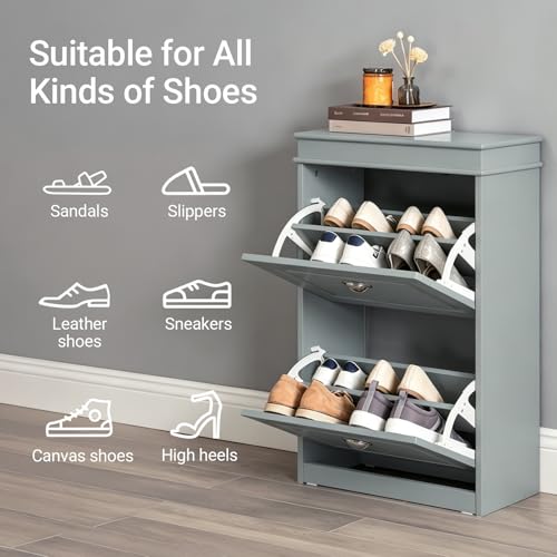 Haotian Small Shoe Cabinet, Grey 2 Flip Drawers Freestanding Shoe Rack, Shoe Storage Cupboard Organizer (9.45" D x 20.87" W x 32.28" H), FSR78-HG - color: Grey, size: 2 Drawers (S)