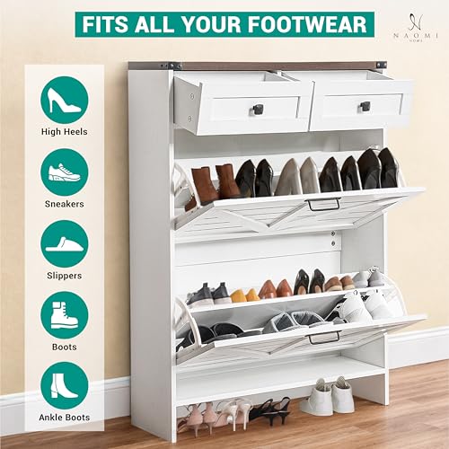 Naomi Home Berenice 32.68" Farmhouse Shoe Cabinet for Entryway with 2 Flip Drawers and 2 Storage Drawers - Slim Narrow Shoe Storage Cabinet, White Shoe Organizer Cabinet - color: White
