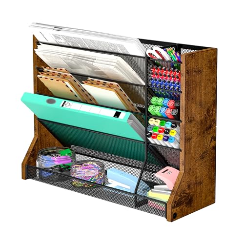 Jakyitvi Wall Desk File Organizer 5 Tiers, Ironwood Mail Organizer Wall Mounted with R-shaped Tray, Wall Organizer for Office Home, 4 Pull-Out Divider and Pen Slots to Sort File,Mail,Newspaper,Pen - size: 5-Tire & Ironwood