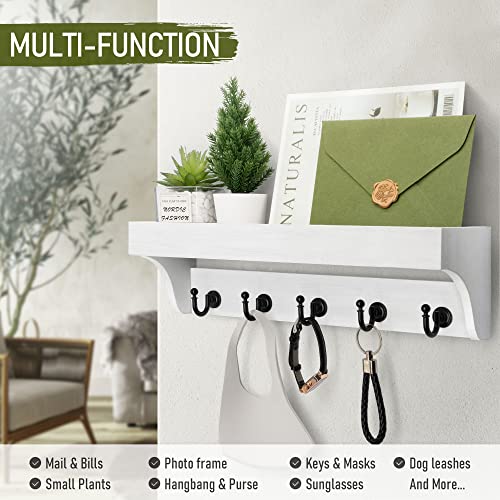 Rebee Vision Key and Mail Holder for Wall with Floating Shelf : Decorative Hanging Organizer with 5 Sturdy Keys Hooks and Wall Mount Key Rack - Farmhouse Entryway Décor (Modern White) - color: White