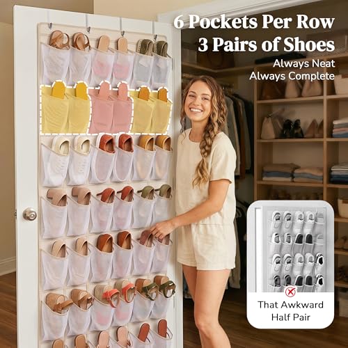 48 Pockets Over The Door Shoe Organizer, Large Mesh Hanging Shoe Rack, 6-Column Heavy Duty Shoe Storage for Sneakers and Heels, Behind Door Holder for Entryway Bedroom Dorm College, Beige - color: Beige
