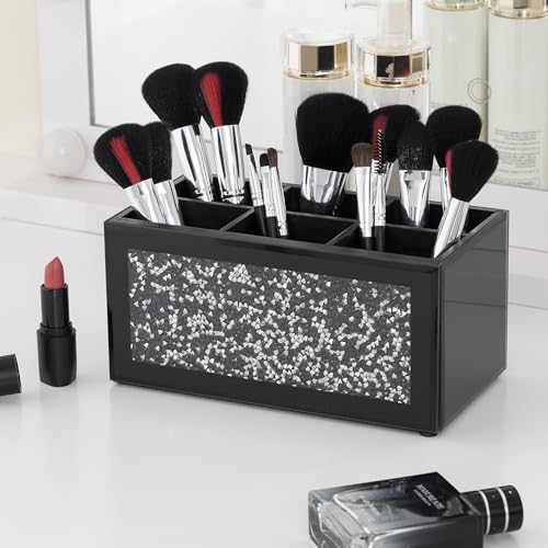 SHYFOY Glass Remote Control Holder with 6 Compartments TV Remote Caddy Storage Box,Desktop Organizer Store Controller,Glasses,Brush,Media Player,Pen,Space Saver for Bedside Table/Office Desk(Black)