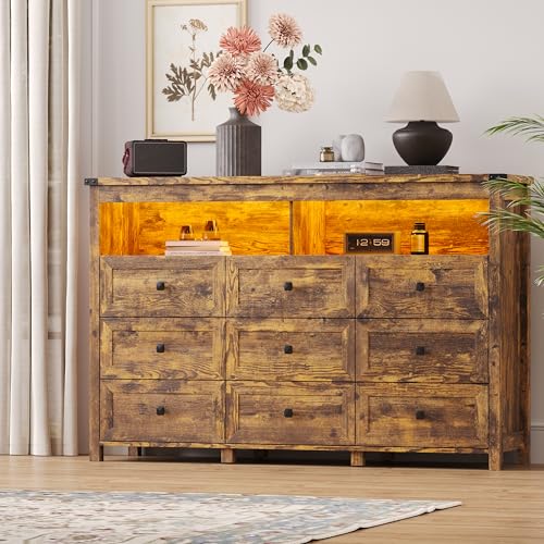 Dresser for Bedroom with 9 Drawers, Wide Chest of Drawers with LED Light and Power Outlet, Wooden Closet Organizer Clothes Storage Cabinet, Modern Double Dressers for Living Room, Hallway, Brown - color: Brown, size: 15.8"D x 59.1"W x 39.4"H (9 Drawers)