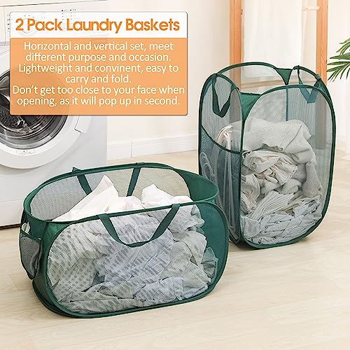2 Pcs Durable Collapsible Laundry Baskets - Reinforced Mesh Pop Up Laundry Hamper with Pocket, Foldable Dirty Clothes Hamper with Carry Handles for Laundry, Bathroom, Kids Room, Dorm or Travel Green - color: Emerald, size: Pop Horizontal+Vertical