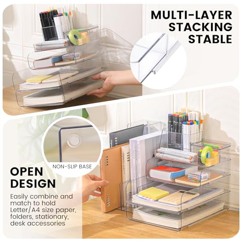 CiWiVOKi Desk Organizer with 2 Vertical File Holder, 4 Tier Stackable Paper Letter Tray File Organizer with 5-Compartments Pen Holder, Clear Desktop Organizer Office Organization and Storage - color: Clear, size: 6 pc