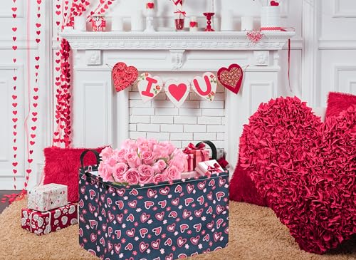 Rec Heart Print Box Hamper Storage Basket Collapsible Organizer Bin Gift Shelf Baskets for Home and Kitchen Storage - color: Black flower love