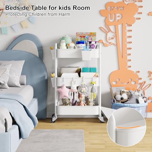 3 Tier Rolling Cart Metal with Wheels, White Three Tiered Craft Cart Organizer on Wheels, Storage Utility Carts for Art, Baby Nursery,Diaper Caddy, Cleaning Supplies, Nail,Lash,Snack,Book,Roller Shelf - color: Light White, size: 3-Tier + Cups + Hooks