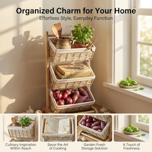 Three-Tier Floor-Standing Storage Rack, Hand-Woven Storage Basket, Vertical Storage Rack, Retail Display Rack Diaper Storage Suitable for Bathroom, Kitchen, Laundry Room, Living Room