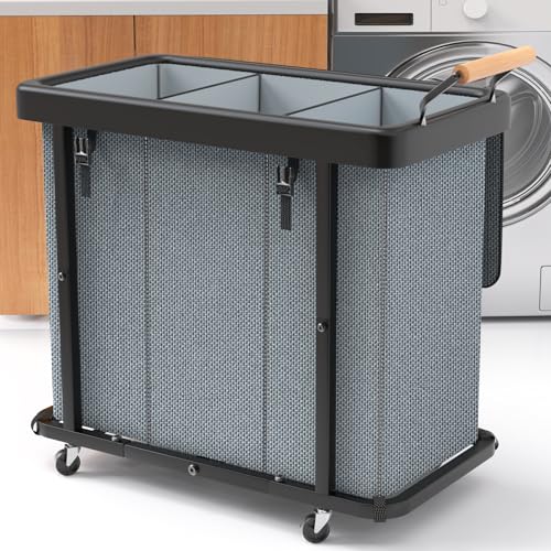 230L (60 Gal) Extra Large Fashion Laundry Sorter 3 Section with Lid, Rolling Laundry Basket Hamper with Handle, Laundry Organizer Storage Cart with Sturdy Metal Frame for Laundry Room, Hotel, Grey - color: Gray-3 Setion, size: 230L