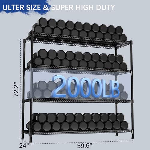 Heavy Duty Shelving, 72.2" H Garage Shelving Unit with Leveling Feet, 4-Tier Adjustable Garage Storage Shelves Metal Rack, Industrial Shelving for Warehaouse Storage, 60" W x 24" D x 72.2" H, Black - color: Black, size: 24D x 60W x 72.2H (4Tier)