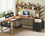 YOMILUVE L Shaped Desk with Hutch, Reversible Computer Desk with Drawers and Bookshelf, Home Office Desks with Storage Shelves for Bedroom Home Office, Brown and Black - color: Brown and Black