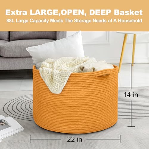 MEGASKET Extra Large Orange Basket, 22" X 22" X 14" Woven Cotton Rope Bins for Blankets, Baby Nursery Wicker Laundry Towel Basket, Kids Dog Toy Storage Box, Big Orange Living Room Decor Organizer - color: Orange, size: 22"x22"x14"