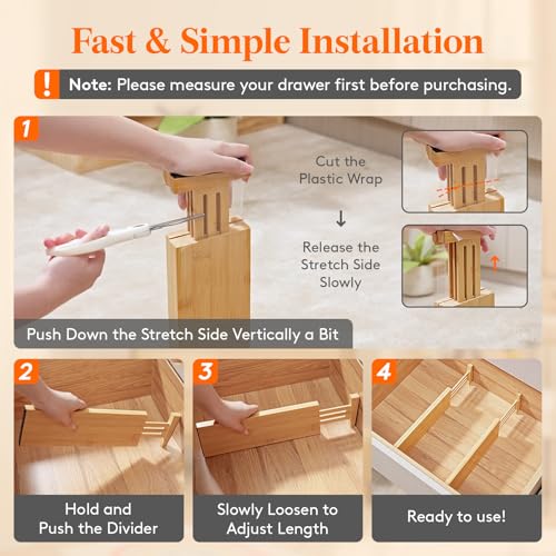 Lifewit 4" High 8 Pack Bamboo Drawer Dividers 31-40cm/12-16 Adjustable Wooden Drawer Organizer for Clothes/Utensils, Expandable Drawer Separator for Dresser/Kitchen/Bedroom/Office Organization - size: 4"H, 12-16"L