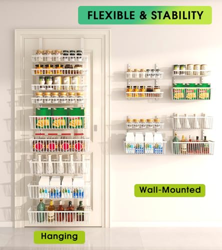 Mefirt White 9-Tier Over The Door Pantry Organizer, Pantry Organization and Storage, Deep Baskets Hanging Heavy-Duty Metal, Wall Spice Rack Seasoning Shelves for Home & Kitchen, Laundry Room Bathroom - color: White, size: 9-Tier (16.54"W)