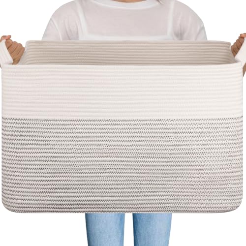 OIAHOMY Extra Large Blanket Basket, 95L Cotton Rope Woven Laundry Basket, Toy Bin for Baby Room, Container for Blanket Storage in Living Room, 24''×17''×14'', Black & White - color: Black & White, size: 95L