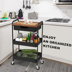 3 Tier Rolling Cart with Drawer, Metal Utility Cart on Wheels Storage Cart with Wood Top, Kitchen Cart Art Cart Organizer for Bathroom Office Balcony Living Room - color: Black