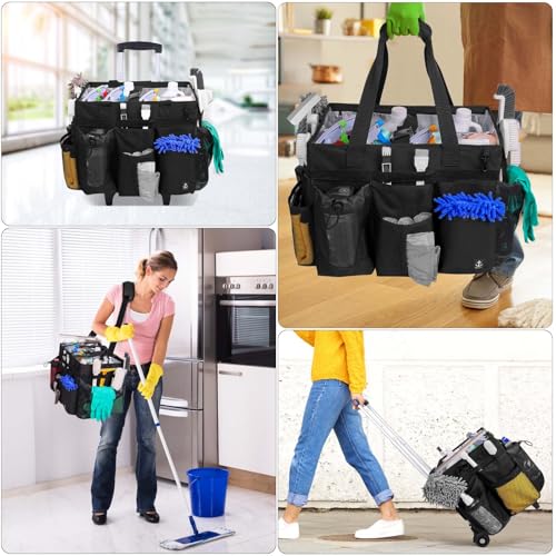 Extra large Rolling Cleaning caddy bag Built-in Hard Support Board,Cleaning Cart with Detachable Trolley, Housekeeping Cleaning caddy with Adjustable Shoulder Strap and Multiple Storage Pockets - color: Black