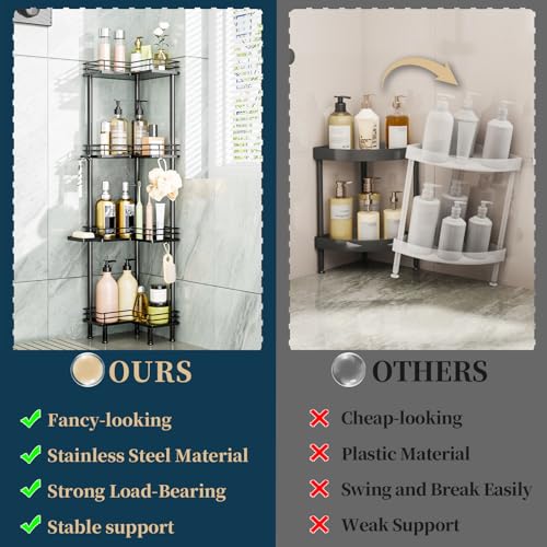 Consumest Corner Shower Caddy Standing - 4-Tier Stainless Steel Shower Organizer with Soap Holder and 4 Hooks, Large Capacity Corner Shelf Stand for Bathroom, Rest Room, Black - color: Black, size: 4 Tier