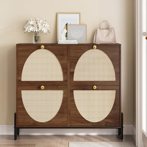 IRONCK Rattan Shoe Cabinet Storage with 4 Flip Drawers, Freestanding Shoe Storage Organizer Cabinet for Entryway, Narrow Shoe Rack Cabinet, Walnut - color: Walnut