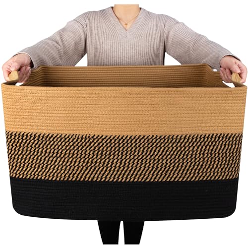 MINTWOOD Design 22in Extra Large Blanket Basket Holder for Living Room, Rectangle Rope Woven Storage Bin with Handles for Laundry, Pool Towels, and Shoes, Dog Toy Box Organizer, Black Jute - color: Black Jute