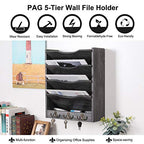 PAG 5-Tier Wall File Holder Hanging Mail Organizer Wood Magazine Literature Rack with 6 Hooks, Dark Gray - color: Dark Gray