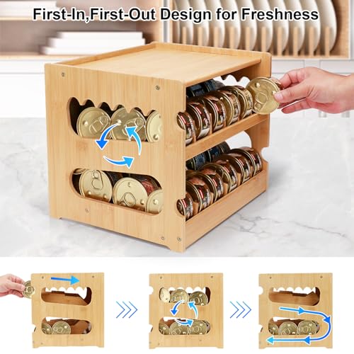 Bamboo Can Organizer for Pantry, 2 Tier Canned Cat Food Organizer for Kitchen Counter, Cat Food Storage Holds up to 36 Cans, Can Rack Organizer for Human and Pet Food Cans, FIFO Design