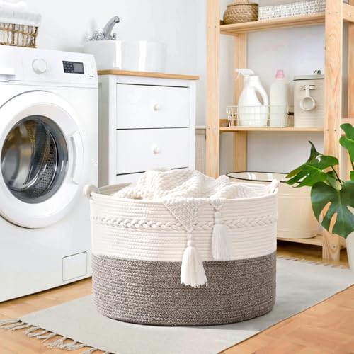 67L Large Blanket Basket, 20"x13" Woven Storage Baskets With Handle, Cotton Rope Blanket Basket Living Room, Baby Laundry hamper for Blanket, Nursery, Toy, Pillow (White & Grey) - color: White & Grey, size: 67L