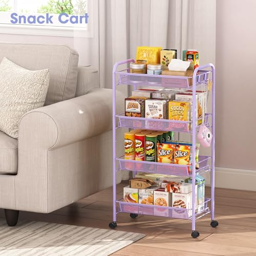 TOOLF 4-Tier Rolling Cart, Metal Utility Cart with 3 Hooks, Easy Assemble Mobile Storage Trolley On Wheels, Metal Shelving Units Kitchen Bathroom Laundry Room - color: Purple, size: 4-Tier