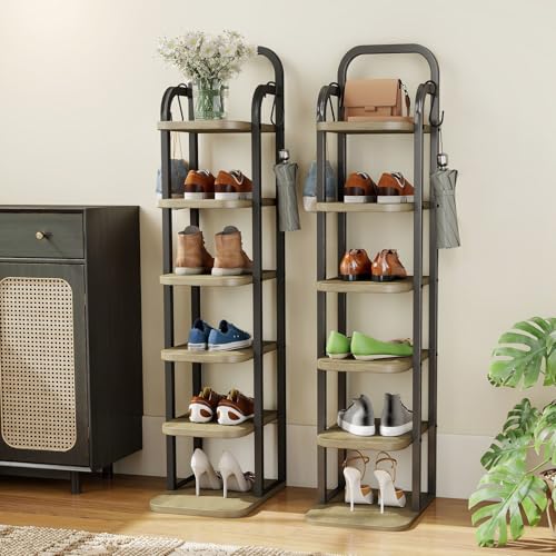 ITEFDTUTNE 6 Tiers Vertical Shoe Rack, Narrow Shoe Tower Adjustable Shelves Wooden Tall Shoe Rack with 2 Hooks, Corner Shoe Storage Organizer for Small Spaces, Entryway, Living Room - color: Light Brown-6 Tiers