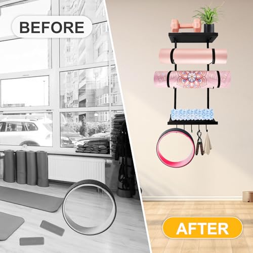Yoga Mat Holder Wall Mount, Yoga Mats Rack with Double Floating Shelves, Yoga Accessory Storage Rack with 5 Hooks for Resistance Bands and Workout Equipment for Home Gym Storage, Black