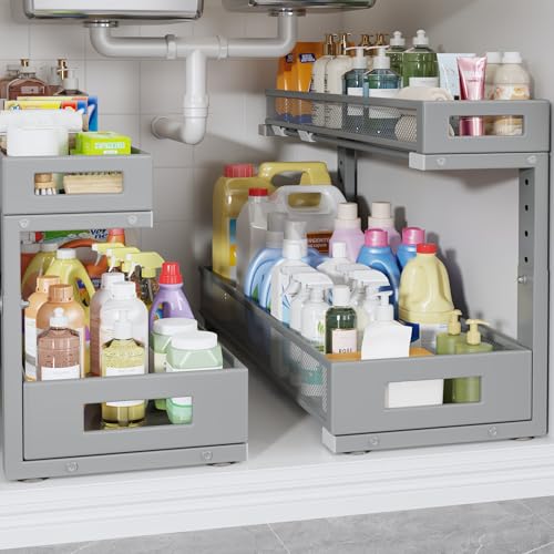 2 Pack 20.47IN Depth Under Sink Storage Organizer, Large 2-Tier Elegant Mesh Pull Out Shelf for Kitchen and Bathroom Cabinet Organization, L-Shaped and Adjustable Height Design-Gun Gray - color: Gun Gray, size: 2 Pack-20.47"Dx11.4"-16.14"H
