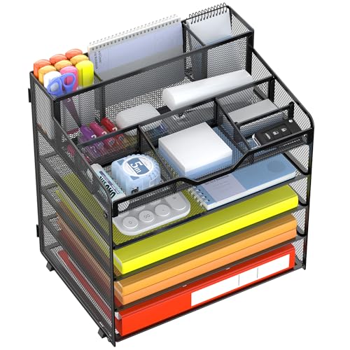 Docnest 5 Tier Mesh Desk Organizer for Paper Office Supplies – Multi-Functional Letter Tray with 5 Adjustable Compartments, 3 Pen Holders, Desktop Storage for Files, Mail, Stationery – Black - color: Black, size: 12.7" x 9.1" x 13.2"