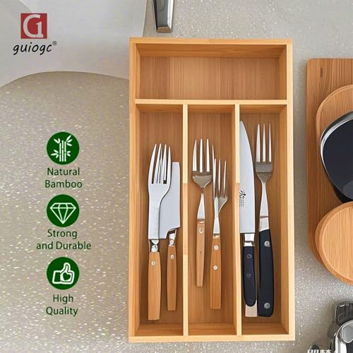 guiogc Bamboo Kitchen Drawer Silverware Organizer, 7 Inch Silverware Utensils Tray Holder for Small Drawer, Wood Caddy for Flatware Cutlery Knives 4-Slots - size: 7"Wx13"D (4-Slots)