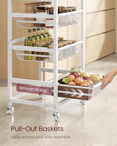 VASAGLE Storage Rolling Cart with Pull-Out Baskets, 5-Tier Utility Cart Orgnizer with Wheels for Laundry Room, Kitchen, Handle, 12.5 x 15.8 x 37.4 Inches, Golden Oak and Matte White ULRC041YA01 - color: Golden Oak + Matte White, size: 5 Tiers