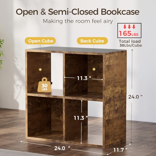 COMHOMA 4 Wood Cube Storage Organizer with Open Back and Removable Back Panels, 11In Brown Cube Storage Bookshelf, Cubicle Shelf Bookcase for Home Office Bedroom Living Room, Vertical or Horizontal - color: 4 Cube-brown