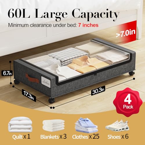 Yecaye Under Bed Storage with Wheels, 4 Pack Under the Bed Storage Containers with Lids & Label, XXL 60L Rolling Underbed Storage Drawers for Clothes, Blankets, Shoes, Hemp Gray - color: Hemp Gray, size: 4 Pack