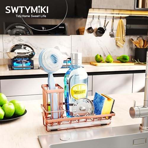 SWTYMIKI Sink Caddy Kitchen Sink Organizer with Detachable Brush Holder, Stainless Steel Sponge Holder with Removable Drip Tray Sponge Caddy for Kitchen Countertop, Rose Gold - color: Rose Gold, size: Medium