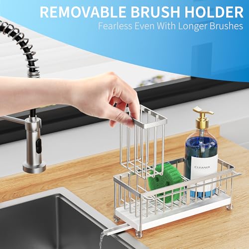Cisily Sponge Holder for Kitchen Sink, Sink Caddy Organizer with High Brush Holder, Kitchen Countertop Organizers and Storage Essentials, Rustproof 304 Stainless Steel (Silver with Towel Rack, 9.25″) - color: Silver With Towel Rack