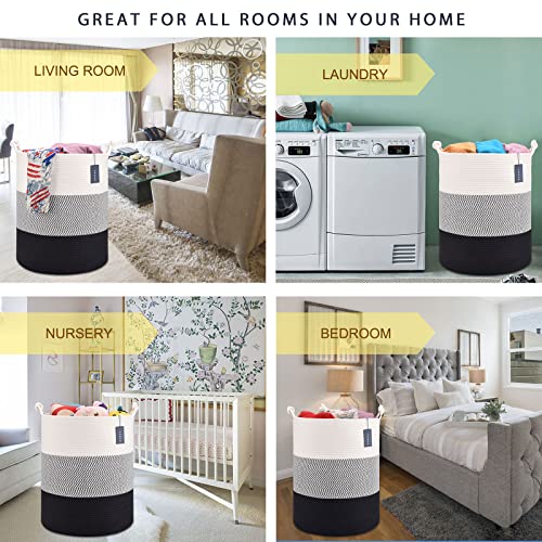 COMSE Extra Large Blanket Basket, Tall Woven Storage Basket, Nursery Hamper, 15.7”x 21.7”, Cotton Rope Laundry Hamper for Toys Clothes Towels, White/Gray/Black - color: White & Gray & Black