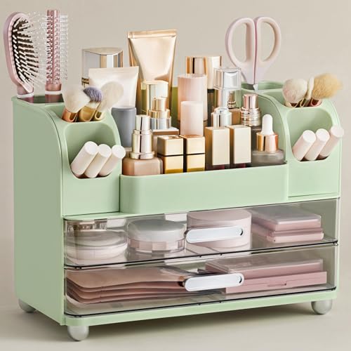 HBlife Makeup Organizer for Vanity with Brush Holder, Large Bathroom Countertop Cosmetic Organizer Skin Care Storage, Easy to Store Lipsticks, Nail Polishes, Perfumes, Eyeshadow Palettes, Green - color: Green