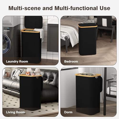 100L Laundry Hamper with Lid, Large Laundry Basket with Bamboo Handles, Clothes Hampers for Laundry with Removable Bag, Dirty Clothes Hampers for Bedroom Aesthetic, Black - color: Black