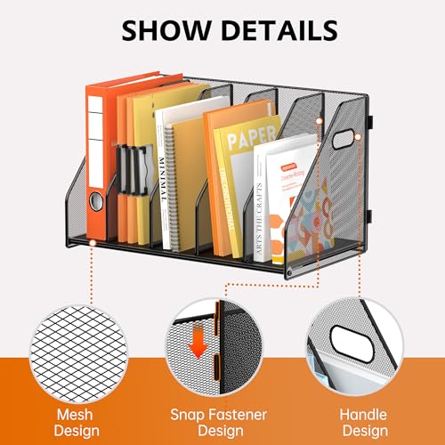 SUPEASY Binder Organizer, Magazine File Holder with 5 Vertical Compartments Rack, Metal Desk File Organizer & Binder Holders, Magazine Organizers for Office Desktop, Home, School, Classroom (Black) - color: Black, size: 5Rack