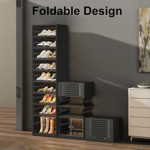 SYNCVIBE Shoe Rack Organizer for Closet Entryway Foldable Sneaker Storage Shoe, Collapsible Shoe Cabinet, Stackable Shoe Storage Cabinet with Lids for Living Room (9 Tiers -18 Pairs Black) - size: 9 Tiers -18 Pairs Black