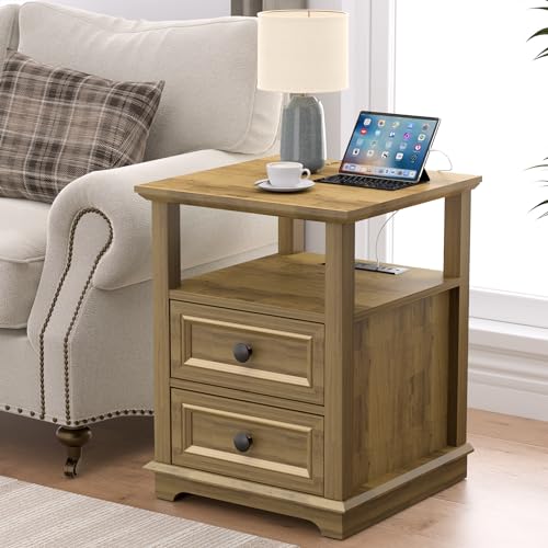 REDAYFUR End Table with Fast USB C Charging Station, Sofa Side Table with 2 Drawers, Large Storage Rustic Wood Square Storage Cabinet for Living Room,Bedroom,Office, Light Brown - color: Light Brown, size: 1 Piece