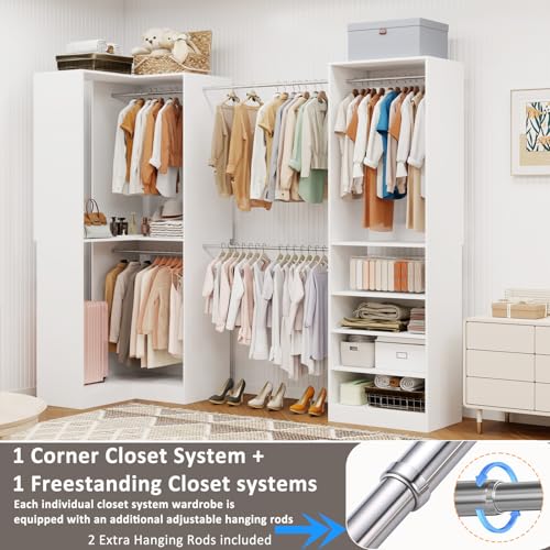 Closet System with 2 Sets, 5FT-10FT Closet Organizer System with 5 Hanging Rods& Adjustable Shelves, Corner Walk in Closet Free Standing Closet System, Modular Closet System, White