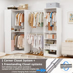 Closet System with 2 Sets, 5FT-10FT Closet Organizer System with 5 Hanging Rods& Adjustable Shelves, Corner Walk in Closet Free Standing Closet System, Modular Closet System, White