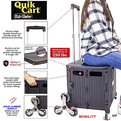 dbest Products Quik Cart Stair Climber Wheeled Rolling Crate Teacher Utility with seat Heavy Duty Collapsible Basket with Handle, 18" D x 17" W x 39" H, Black - color: Black, style: Stair Climber