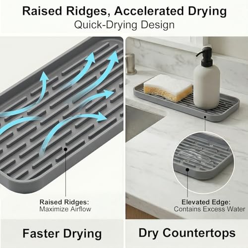 Silicone Organizer Tray, Soap and Sponge Holder for Kitchen Sink, Bathroom - Storage Tray for Dish Brush, Soap Dispenser, Dishwashing Accessories-(Gray 1 Pack, 12"x4.7") - color: Gray, size: 12"x4.7", 1 Pack