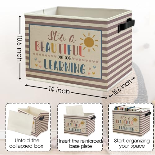 Boho Classroom Storage Bins Box with Handles, It's a Beautiful Day for Learning Neutral Striped Collapsible Basket Organizer for Classroom Kids Room Bedroom Playroom Toys Books Clothes - color: Color01